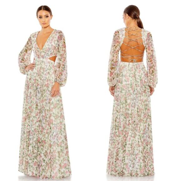 Mac Duggal Sequin Floral Print Cutout Lace Up Gown 4 NWT - Picture 1 of 15